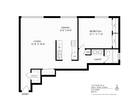Floor plan for 1 bed, 1 bath, 590 sqft